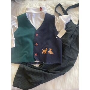 Boys kids Dogs Set Green Blue White Vest Turtle Neck Shirt and Pants Size 4T New